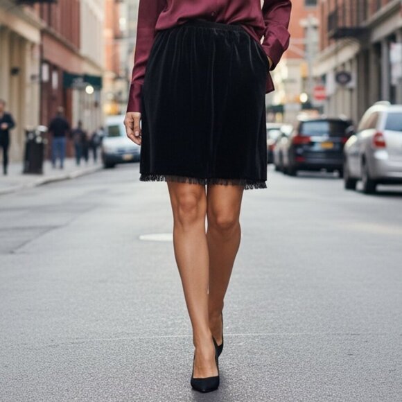 Vintage CLIO Velvet Bead-Fringed Hem Pencil Skirt Sz PS Black #173J - Picture 1 of 12